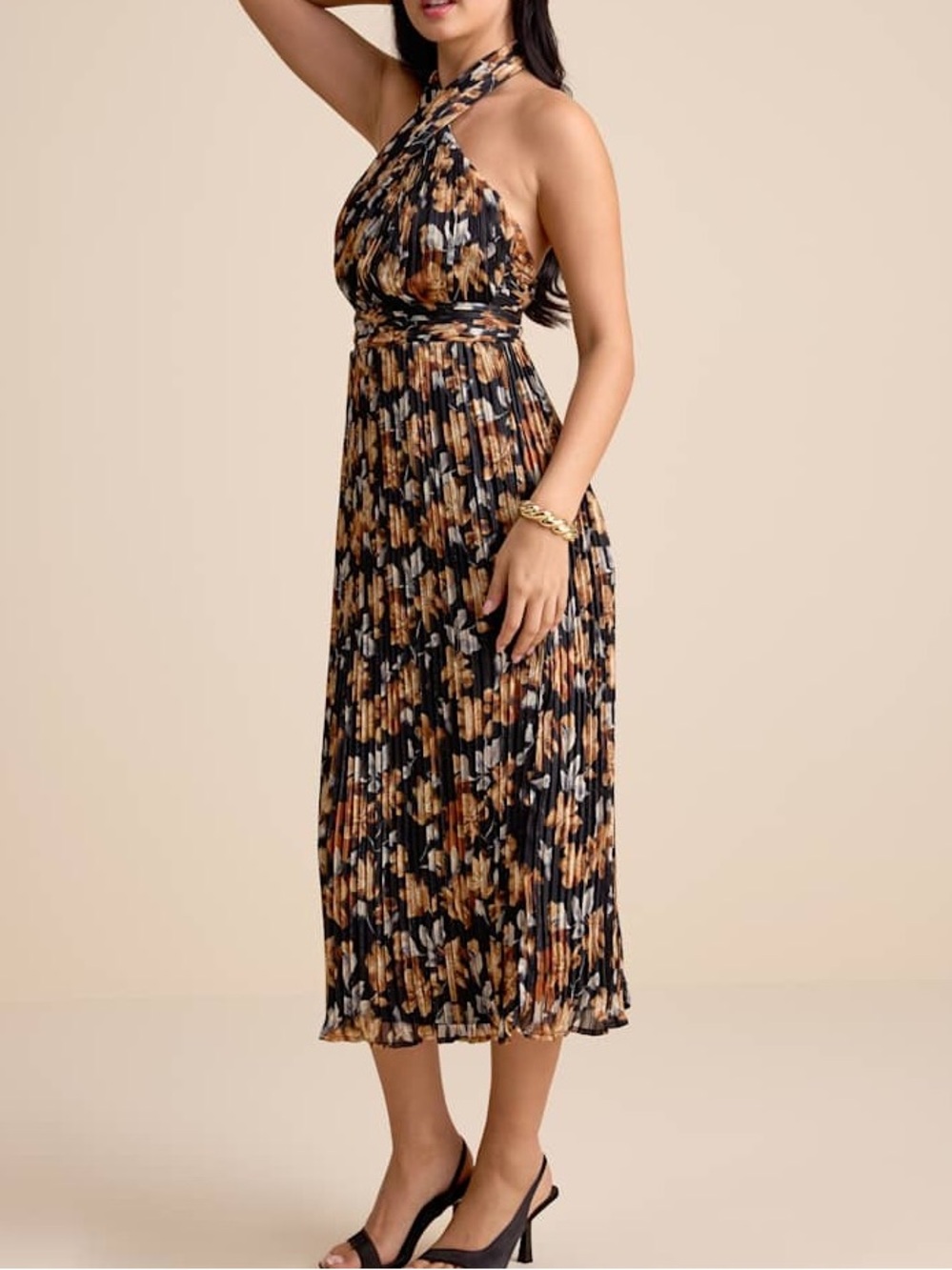 Lulus Gardena Black Floral Pleated Cross-Front Halter Midi Dress - Picture 2 of 16